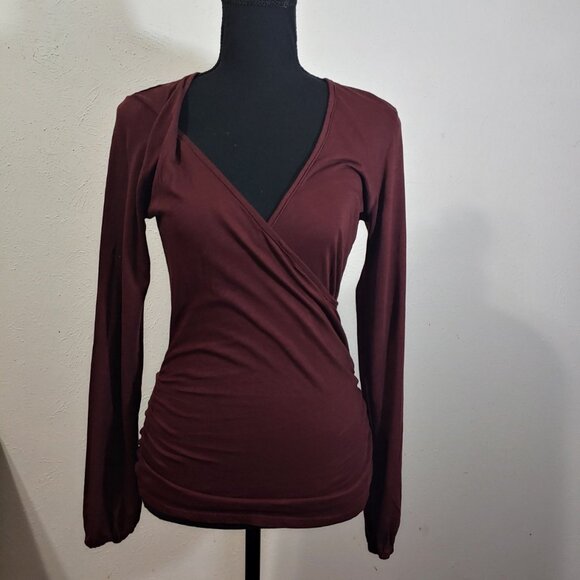 Bobi Los Angeles Faux Wrap Ruched Long Sleeve Knit Women's Blouse - Picture 1 of 7